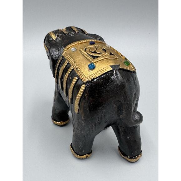 Vintage Black & Gold Colored Jeweled Elephant Wooden Painted Figurine 4” - Picture 5 of 9